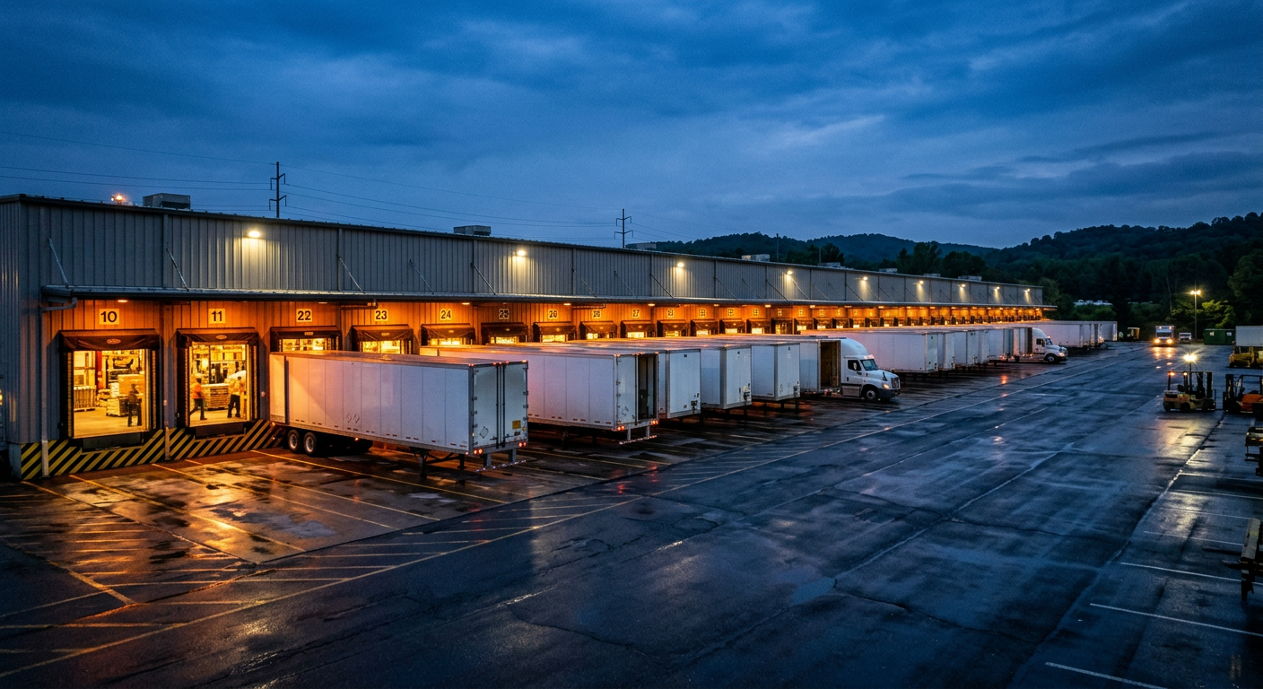 Semi-trailers backed into lit loading dock doors at a Richmond cross-dock terminal at night